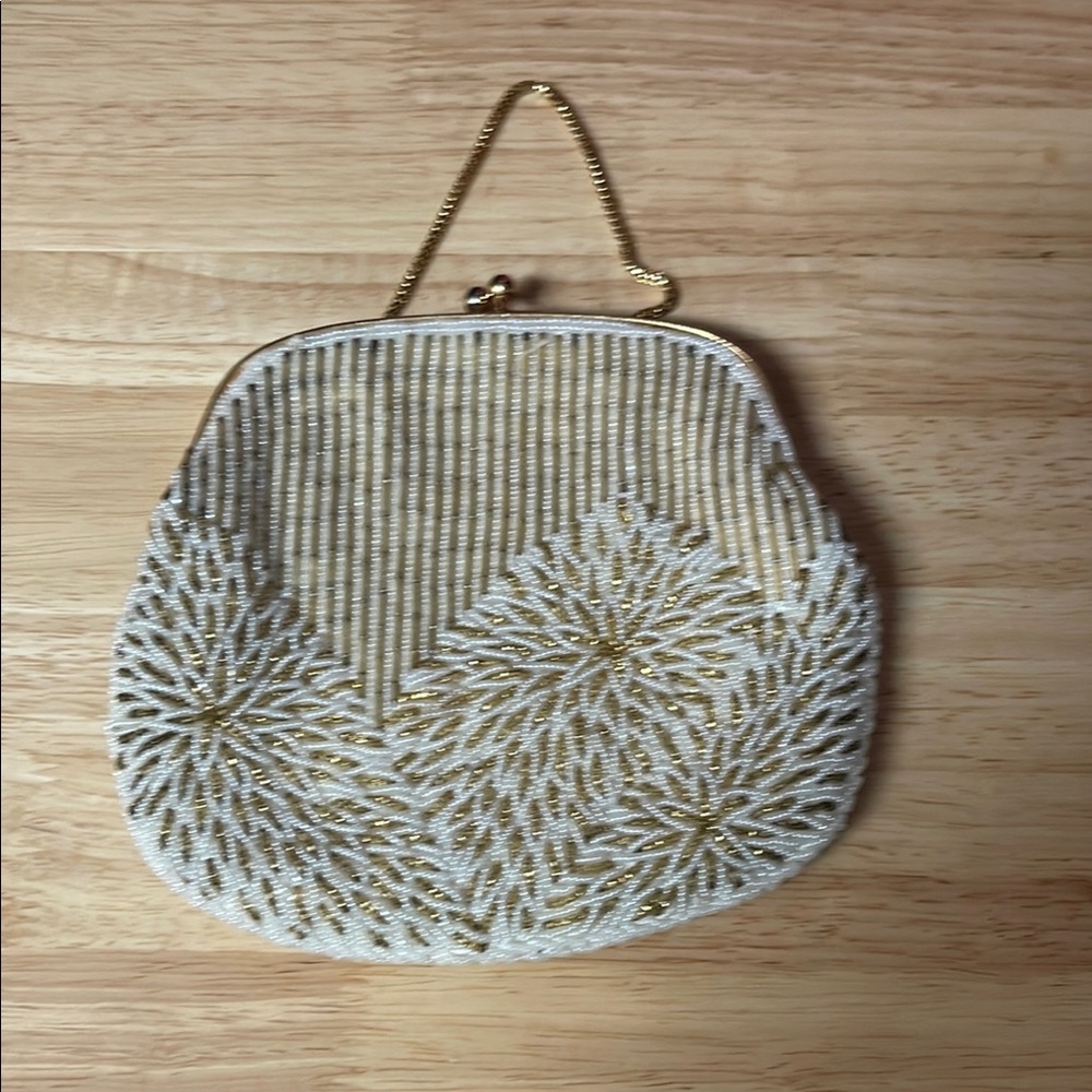 Vintage Gold and Cream Floral Embroidered Clutch with Chain Handle vintage 1970s